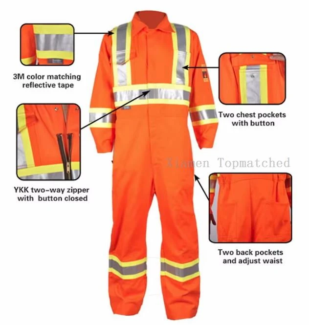 Flame retardant reflective safety coverall zipper snap and tape detail Flame retardant reflective safety coverall zipper snap and tape detail